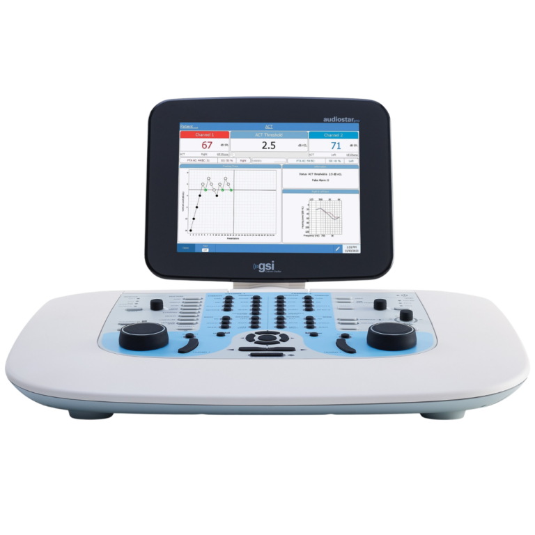 GSI AudioStar Pro | Audiómetro clínico de 2 canales | MD Perú GSI AudioStar Pro, vista frontal con pantalla de prueba ACT