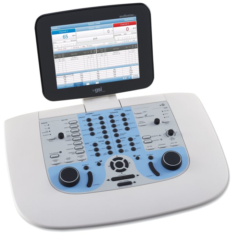 GSI AudioStar Pro | Audiómetro clínico de 2 canales | MD Perú GSI AudioStar Pro, vista superior con pantalla de logoaudiometría