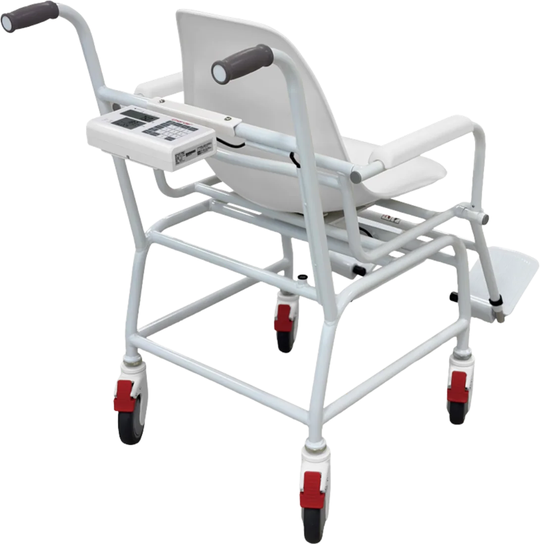 Charder MS5410 | Balanza tipo silla 300 kg Balanza silla Charder MS5410 vista posterior con asas de empuje y ruedas con freno