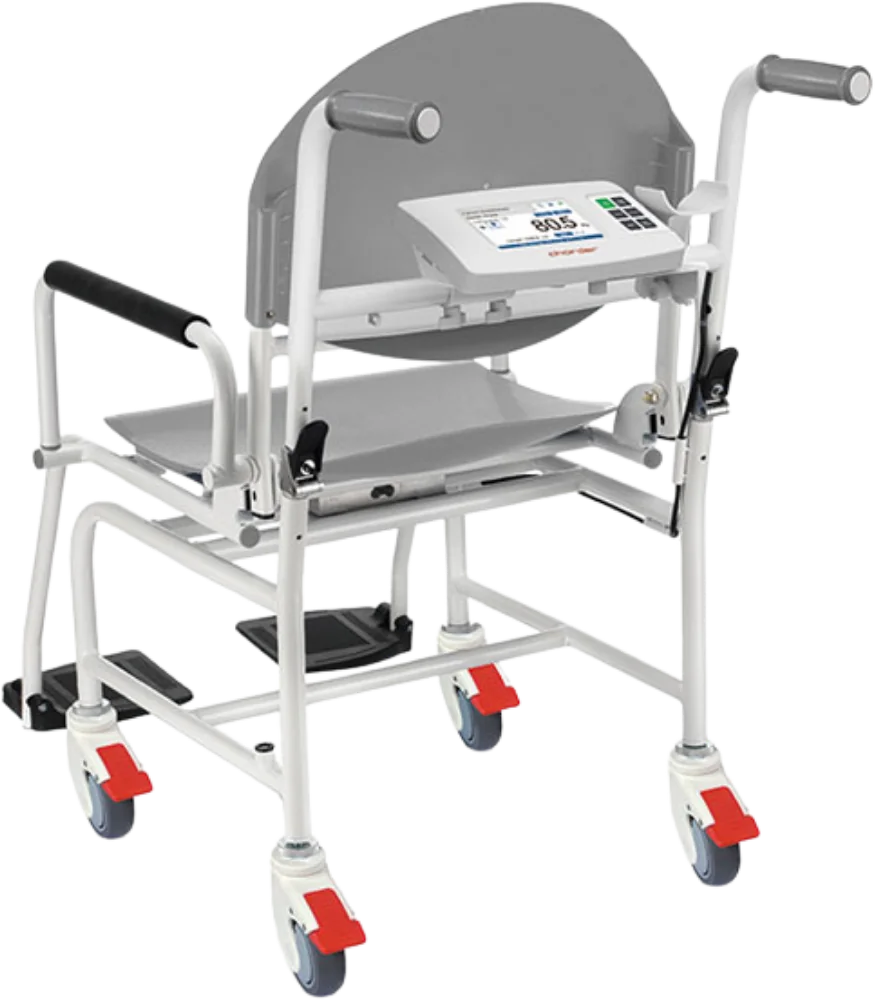 Charder MS5480 | Balanza de silla inalámbrica Vista posterior de la balanza de silla Charder MS5480 con indicador y ruedas con freno