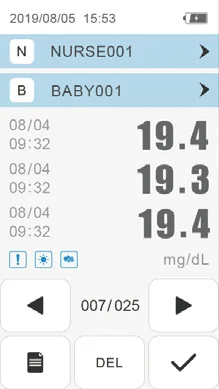 Historial de mediciones del bilirrubinómetro BM-100C