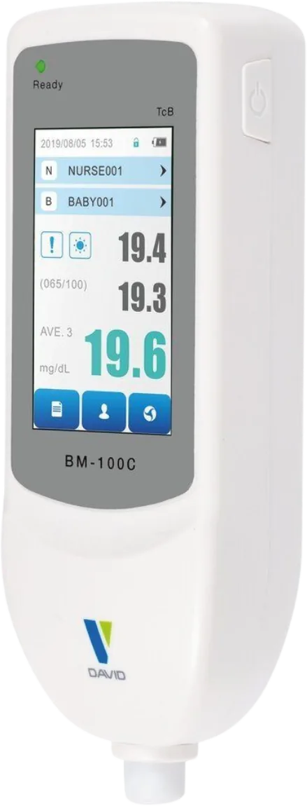 Pantalla táctil a color del bilirrubinómetro DAVID BM-100C con resultado en mg/dL