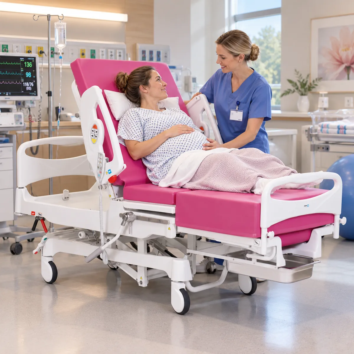 Gestante en sala de parto sobre la cama FAMED ROSSA acompañada por una obstetra