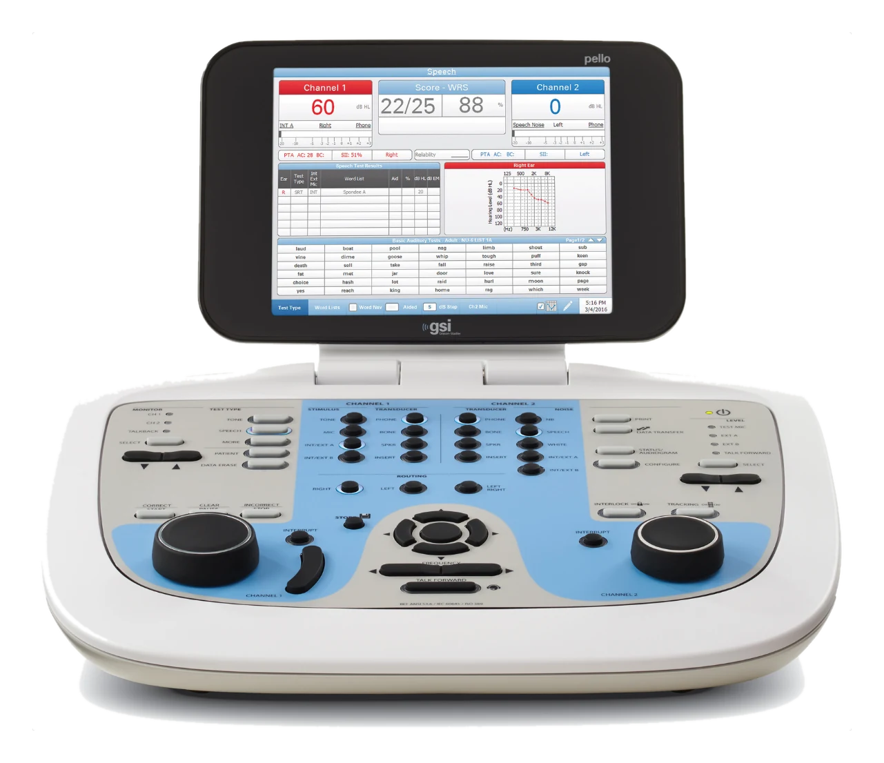 GSI Pello | Audiómetro de nivel medio ampliable | MD Perú GSI Pello, vista frontal con pantalla de logoaudiometría
