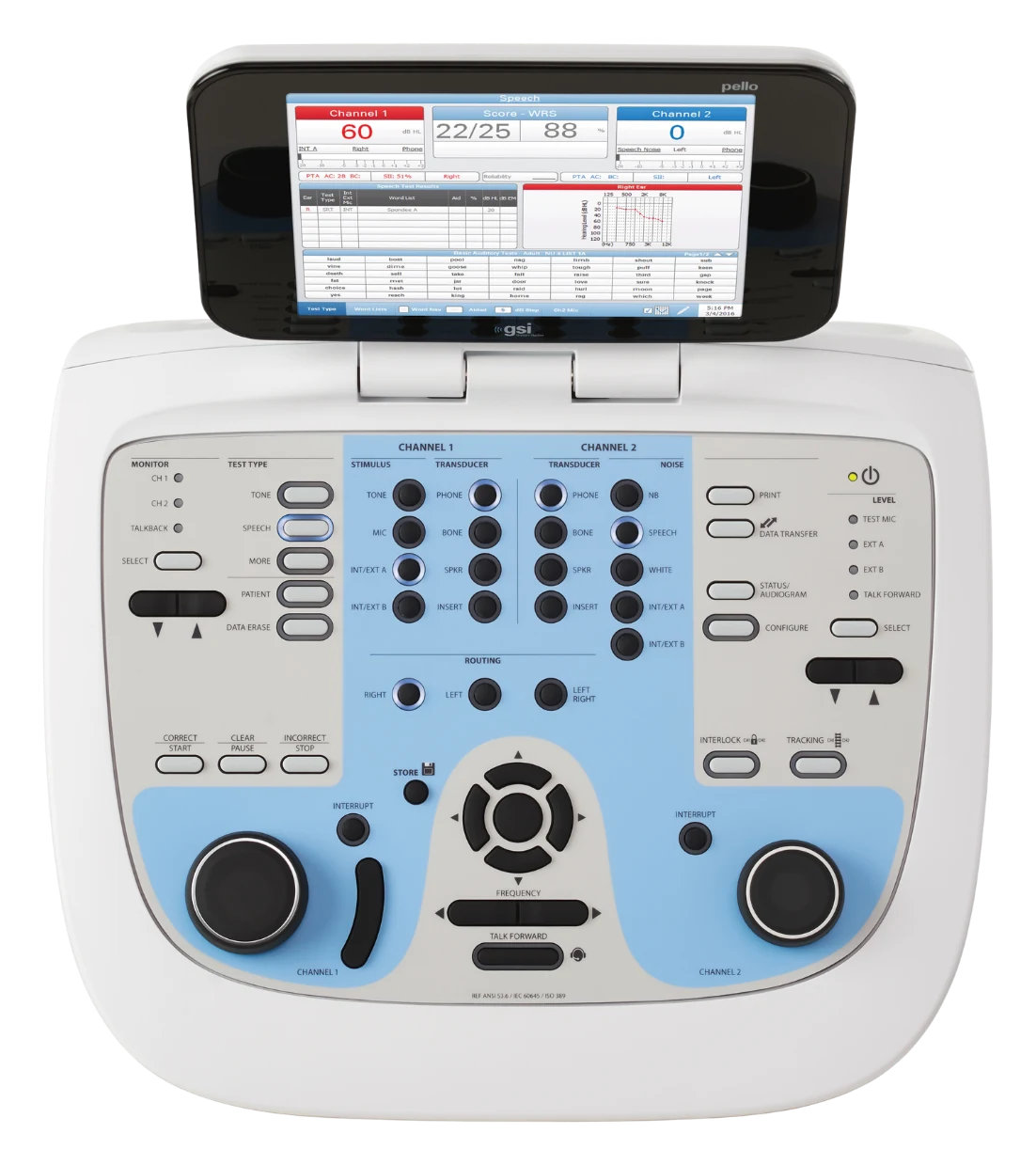 GSI Pello | Audiómetro de nivel medio ampliable | MD Perú GSI Pello, vista superior con la pantalla elevada
